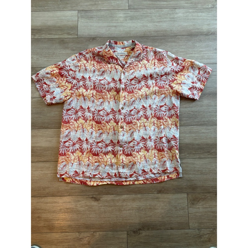 Tommy Bahama Mens XL Tropical Leaf Print 100% Linen Camp Shirt Beach Vacation